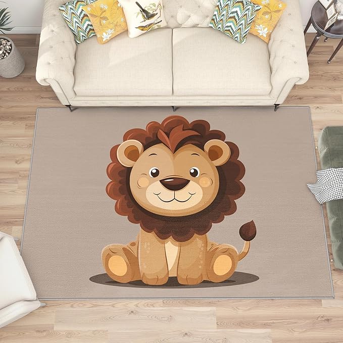 Lion Rug for Nursery - 6x9 Rug - Lion Rug - Cute Cartoon Safari Area Rug - Kids Baby Nursery Playroom Rugs - Kawaii Zoo Animal Carpet - Home Decor