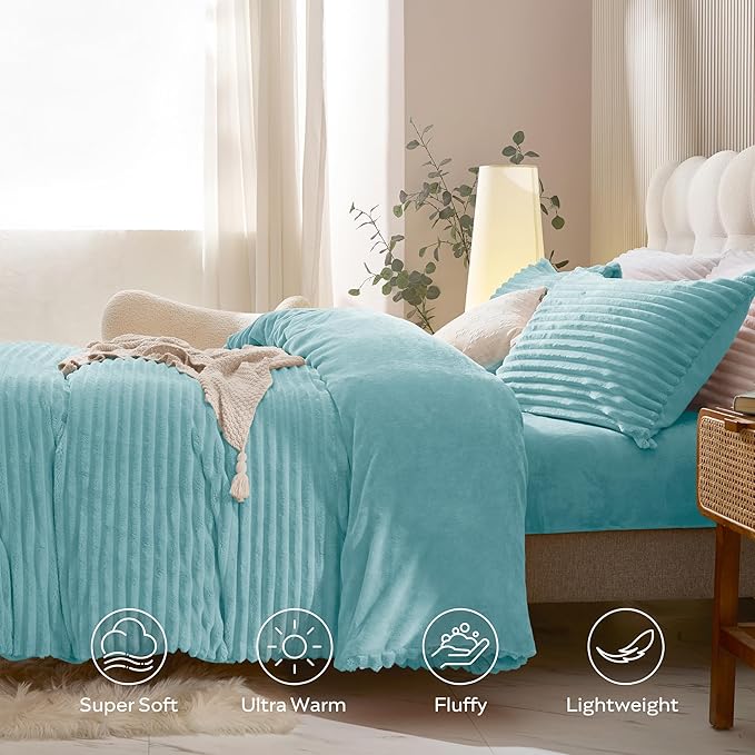 JELLYMONI Plush Duvet Cover Set - Twin Size Baby Blue Striped Fluffy Comforter Cover 2pcs Bedding Set Luxury Ultra Soft Faux Fur Duvet Cover with Zipper and 1 Pillowcase (NO Comforter)