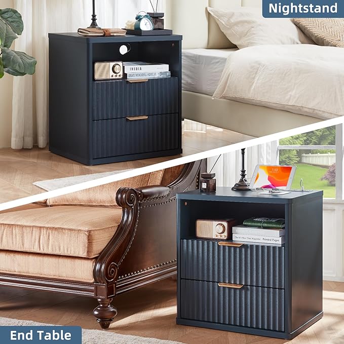 LEYAOYAO Fluted Nightstand with Charging Station, 23" Wide 2 Drawers End Table,Night Stand with Open Storage Cabinet, Farmhouse Bed Side Tables, Wood Dresser for Bedroom, Living Room, Closet, Blue