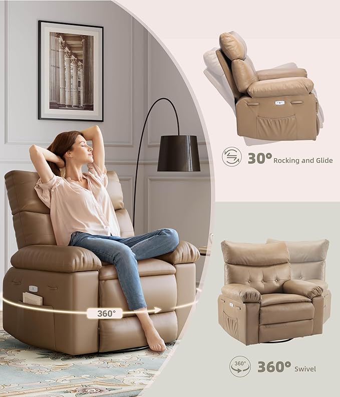 GarveeHome Power Rocker Swivel Recliner Chair - Heat and Massage, PU Leather Electric Glider Rocking Chair with USB Port, Glider Recliner Nursery Chair for Living Room, Bedroom, Nursery