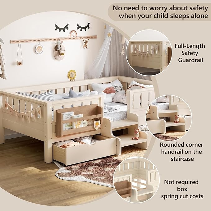 Bellemave Twin Bed with Slats and Stairs, Twin Size Platform Bed Frame with Fence, Bookshelf and Storage Drawers, Easy Assemble Beds for Kids, Girls, Boys, Beige