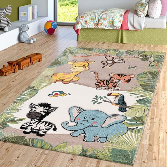 Paco Home Kids Rug Colorful Animals Giraffe Lion Monkey in Beige, Size: 3'11" Round