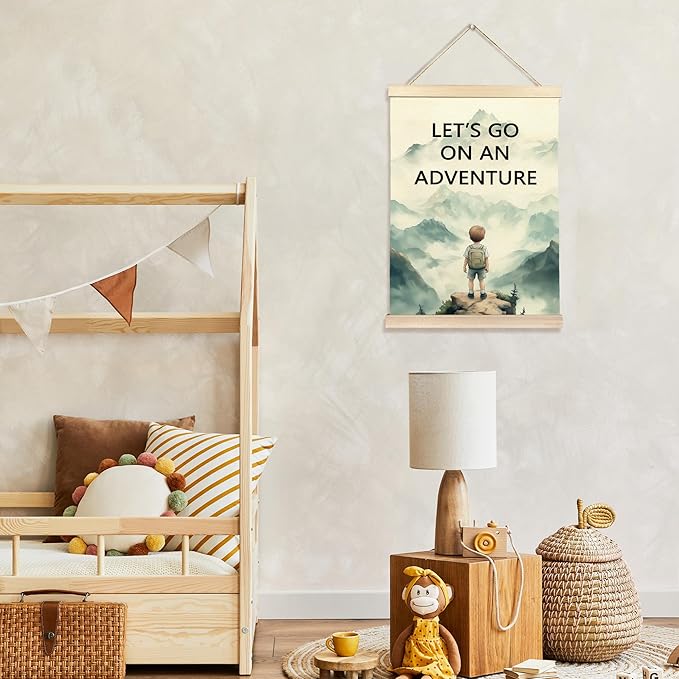 Hiuwevt Adventure Nursery Wall Art, Let's Go on an Adventure Poster Hanger Frame, Mountain Nursery Wall Art Home Decor for Kids Little Boys Toddler Room Bedroom Playroom, 12x16 Inch