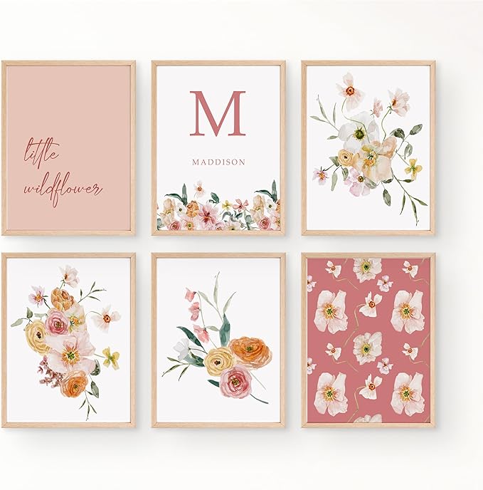 Personalized Name Flower Nursery Wall Art Prints, Crib & Nursery décor, Newborn Baby Girl Gift Present, Floral Baby Girl Room Pictures, Poster For Baby And Kids (6 Prints, Flower 8)