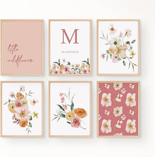 Personalized Name Flower Nursery Wall Art Prints, Crib & Nursery décor, Newborn Baby Girl Gift Present, Floral Baby Girl Room Pictures, Poster For Baby And Kids (6 Prints, Flower 8)