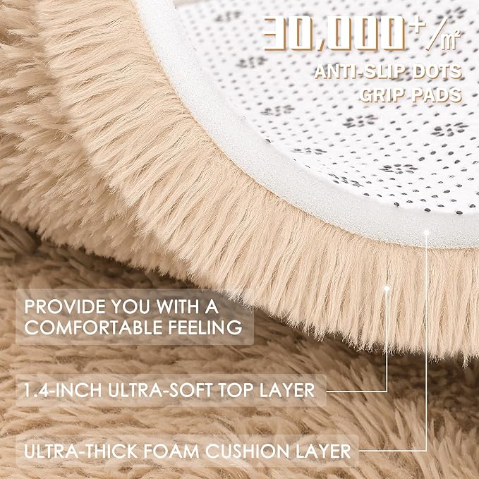 OLANLY Beige Round Rugs for Bedroom - Machine Washable, 4 ft Circle Area Rugs for Living Room, Soft and Fluffy Shaggy Carpet for Teen Girls and Boys, Nursery Rooms, Dorms, Home Decor Aesthetic