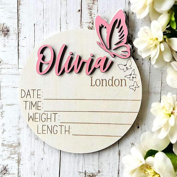 Personalized 3D Butterfly Birth Announcement Sign, Wooden Name sign, Hospital Photo prop Baby Name Reveal (Butterfly Right (3 engraved))