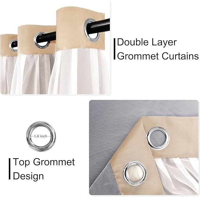 XWZO 100% Blackout Double Layer Curtains, Blackout Curtains with Sheer Overlay for Living Room, Grommet Thermal Insulated Privacy Curtains with Tiebacks, 2 Panels, 52x96, Biscotti Beige
