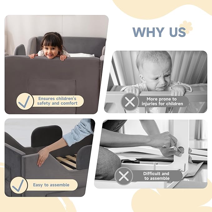 Toddler Bed Frame with 2 Drawer and Storage Bag, Kids Bed with Removable Safety Rails, Standard Crib Size Portable Beds, Safety Upholstered Child Beds for 1-6 Years Old