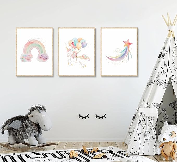 Burshley 3pcs Unicorn Wall Art Canvas Prints Watercolor Rainbow Unicorn with Colorful Balloons Star Posters Paintings Pink Wall Decor for Kids Room Nursery Decoration Unframed