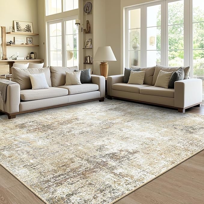Washable Area Rugs 8ft Non-Slip Modern Abstract Soft for Living Room Entryway Bedroom Nursery, Print Pattern, Neutral Brown Gray