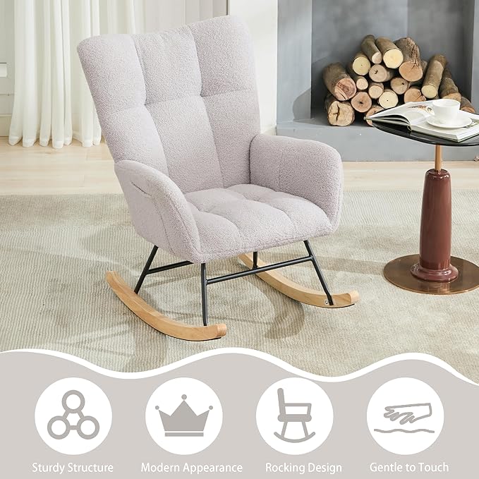 Nursery Rocking Chair Teddy Upholstered Glider Rocker Rocking Accent Chair with High Backrest Armchair Comfy Side Chair for Living Room, Bedroom, Offices (Light Gray)