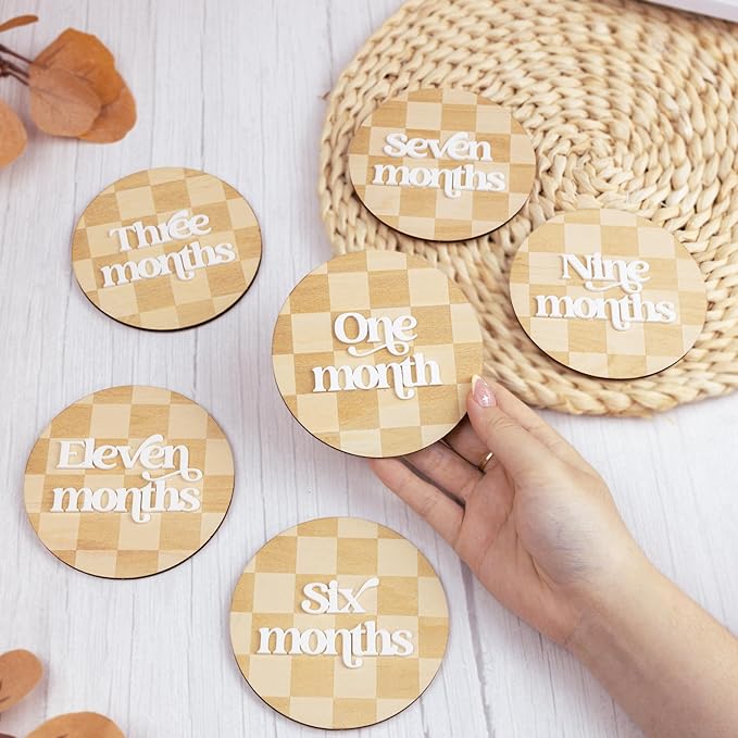 Wooden 3D Baby Monthly Milestone Cards Monthly Milestone Discs Newborn Photography Props Baby Announcement Sign Baby (Checkered)