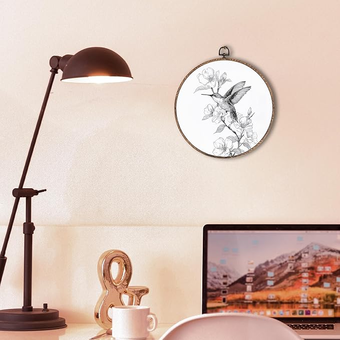 Retro Hummingbird Round Wall Art Framed, Vintage Floral Bird Round Wall Decor, Sketch Bird Hanging Canvas Prints Wall Sculptures for Farmhouse Home Bedroom Decor, 10x10 Inch