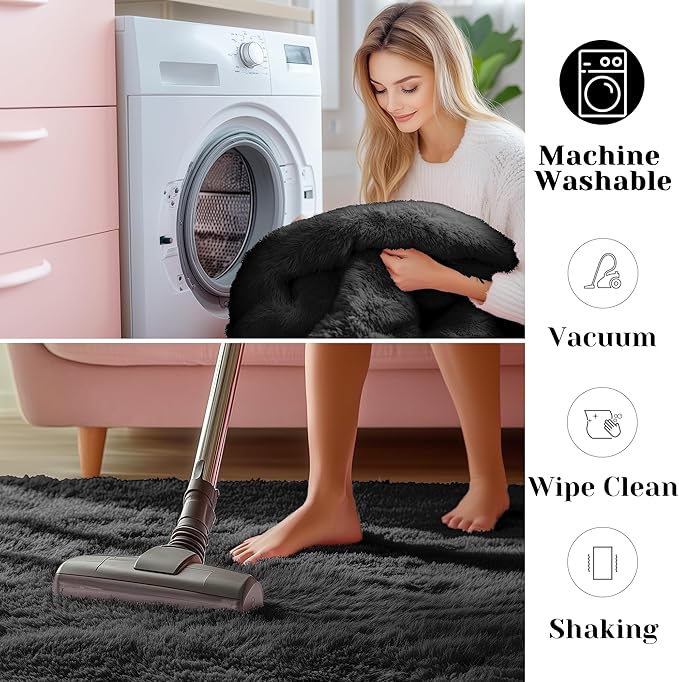 ONASAR Black 8x10 Area Rugs for Living Room, Large Fluffy Shag Bedroom Rug, Washable Ultra Soft Thick Shaggy Floor Big Indoor Carpets for Kids Boys Girls Teen Nursery Dorm Modern Home Decor Aesthetic