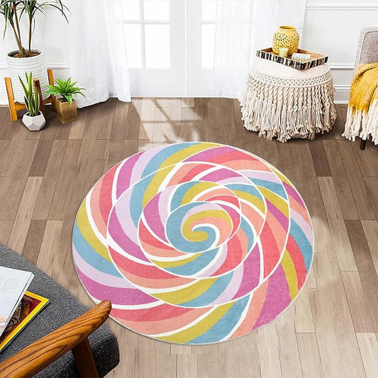 Kids Rug Pink Circle Rug for Girls Bedroom Round Rainbow Lollipops Nursery Mat 2.6Ft Chic Bedside Carpet for Children Cartoon Crawling Mat for Playroom Candy Decorations Indoor Home Decor