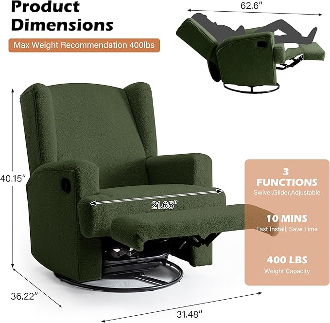 UIXE Swivel Glider Recliner Chair for Adults, Boucle High Back Accent Chair Nursery Rocker for Living Room, Upholstered Manual Reclining Sofa Seating with Deep Seat - Green