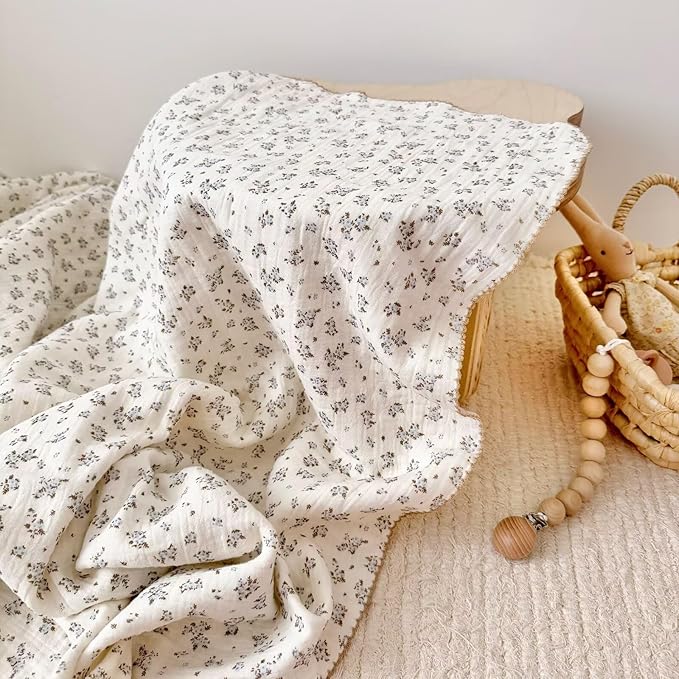 BuLuTu Vintage Blue Floral Muslin Toddler Blanket, 100% Cotton Large Baby Quilt 47x51 Inch, Chic Shabby Plumbago Flower Pattern Swaddling Blankets for Girls Boys, Nursery Decor
