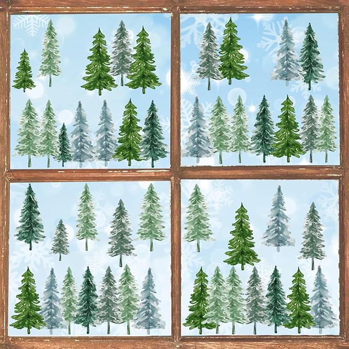 Small Pine Tree Wall Sticker Watercolor Green Tree Window Decals Forest Pine Window Stickers Green Trees Wall Decals Peel and Stick Small Pines Wall Stickers for Nursery Bedroom Kids Room Decor