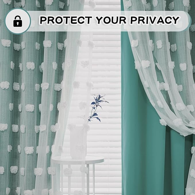 MYSKY HOME Kids Curtains for Boys Bedroom Room Darkening Grommet Double Layer Curtains for Son Room Decor 63 Inches Long White Pom Pom Sheer Blackout Curtains 2 Layers Teal 52 x 63 Inch 2 Panels