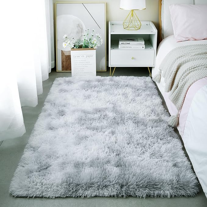 3x5 Fluffy Shag Light Grey Rug for Bedroom, Soft Fuzzy Plush Washable Non Slip Carpet, Comfy Shaggy Furry Small Area Rug for Living Room, Kids Baby Boys Girls Nursery Dorm, Tie-Dye Gray
