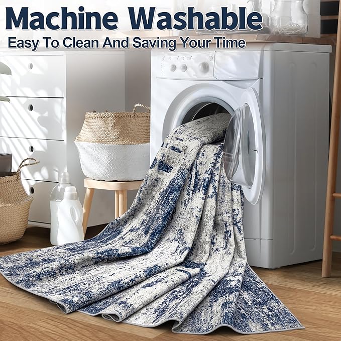 Area Rug Living Room Rugs: 5x7 Washable Rug with Anti-Slip Backing Non-Shedding Stain-Resistant Foldable Modern Abstract Carpet for Bedroom Dining Room Nursery Home Office - Gray/Blue