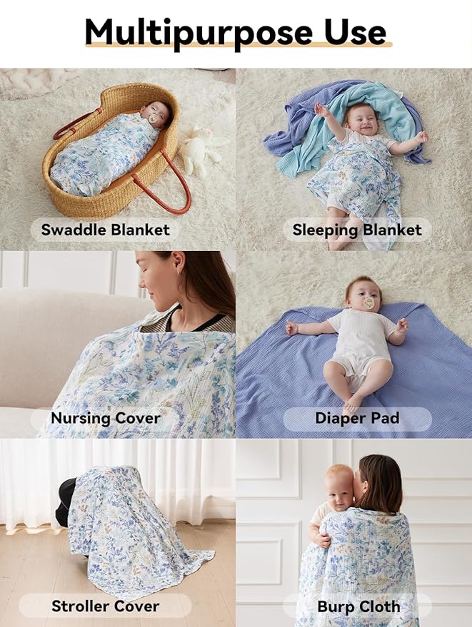 TILLYOU 3 Pack Muslin Swaddles for Newborns Baby Blankets for Girls Boys Cotton Swaddle Blankets 47"X47", Blue Flower