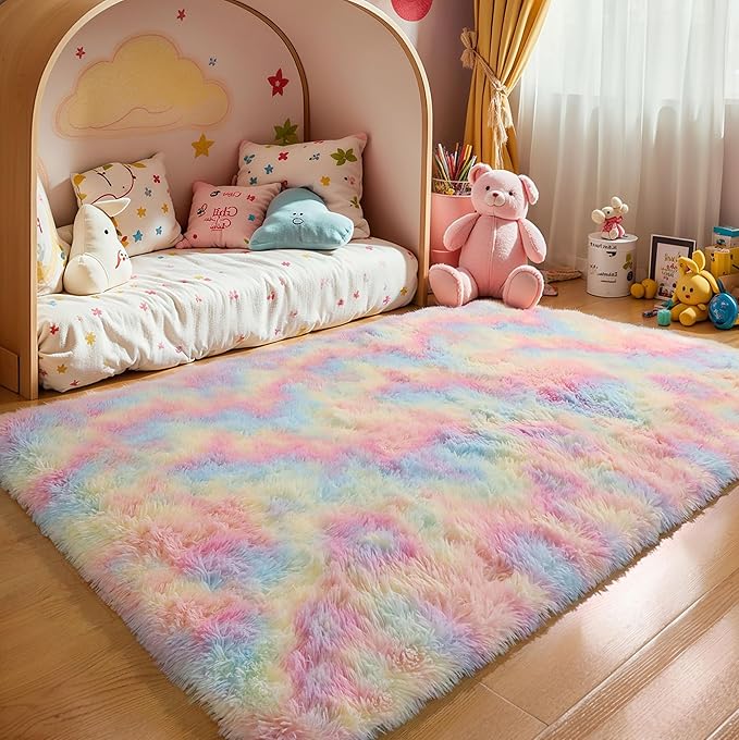 KCHOWUA Fluffy Fuzzy Unicorn Rugs for Girls Bedroom,3x5 Washable Non Slip Shag Shaggy Area Rug for Living Room,Princess Kids Toddler Boys Nursery Dorm Room Classroom Carpets,Rainbow