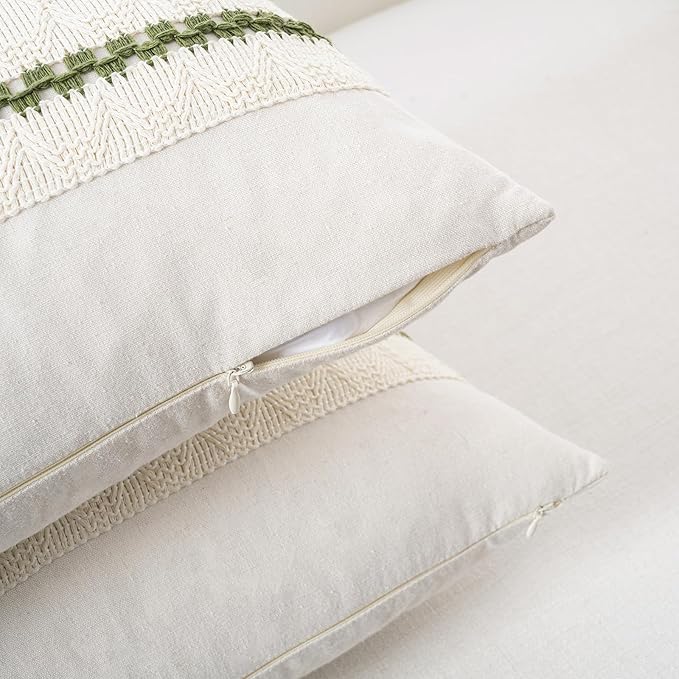 Fancy Homi Set of 2 Boho Moss Green Euro Decorative Throw Pillow Cover 26x26 Inch for Couch Bed Bedroom, Aesthetic Modern Organic Farmhouse Room Decor, Soft Cotton Accent Macrame Woven Cushion Case