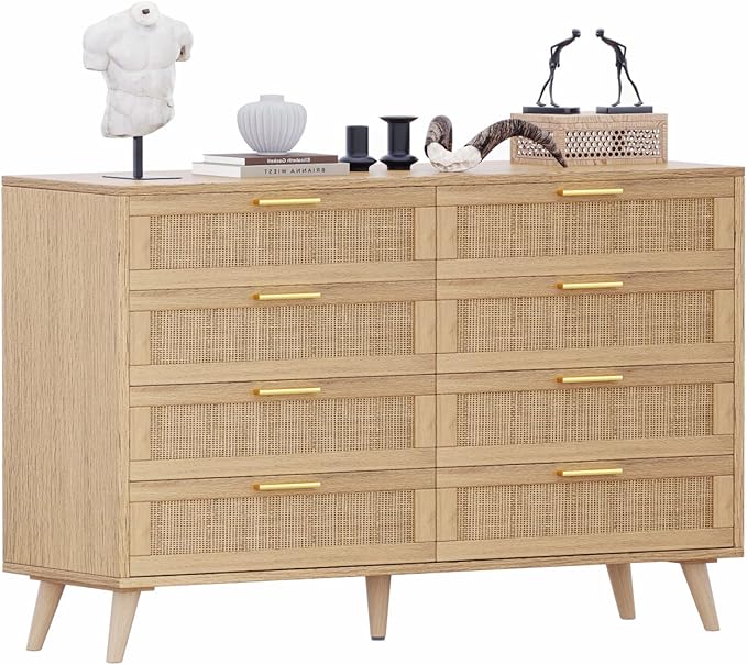 Rovaurx 8 Drawer Double Dresser for Bedroom, Rattan Chest of Dressers, Modern Wooden Dresser Chest with Golden Handles, Beside Table for Closet, Living Room and Entryway, Natural