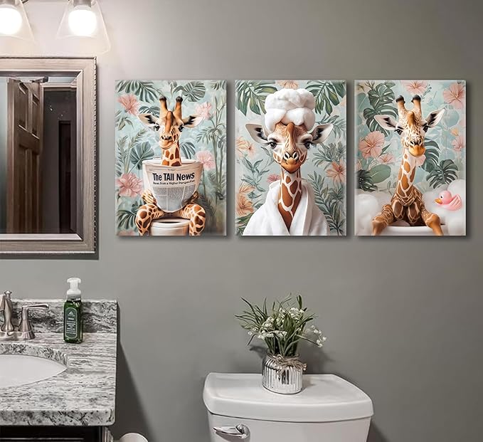 3Pcs Funny Animal Bathroom Canvas Wall Art Giraffe Reading Newspaper on Toilet Painting Picture Wall Decor Eclectic Jungle Giraffe Bathrobe Bathtub Poster Print for Toilet Bathroom Home Decoration