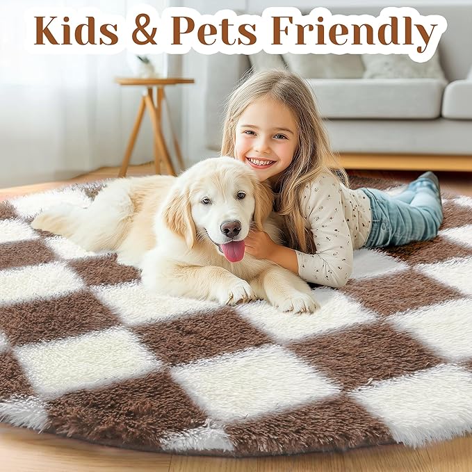 KICMOR Round Rug 4ft Brown and Cream White Circle Area Rug, Fluffy Soft Fuzzy Shag Shaggy Bedroom Living Room Carpet, Indoor Checkered Circular Rugs for Kids Boys Girls Home Decor Aesthetic, Nursery