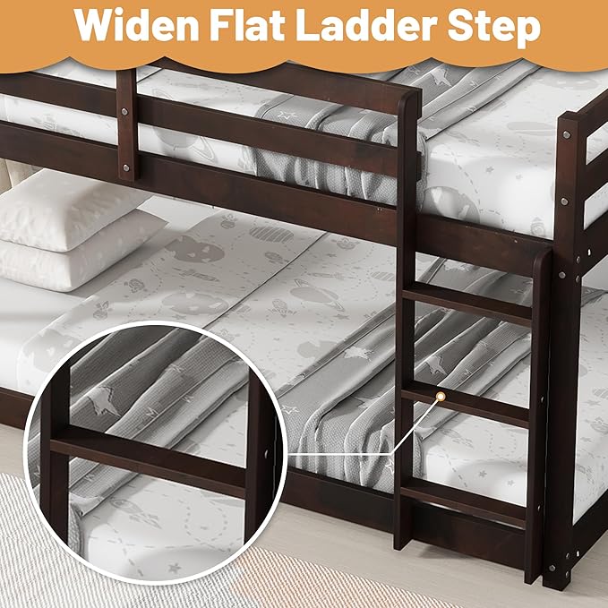 Bunk Bed Twin Over Twin, Wood Low Profile Floor Twin Bunk Beds with Ladder Guardrails for Kids Boys and Girls, No Box Spring Needed