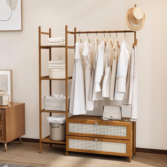 Bamboo Clothes Rack,Garment Rack with Drawers and Shelves,5 Tier Storage Shelves with 6 Hanging Hooks,Wardrobe Closet for Entryway Guestroom Kids Bedroom (39.4inch Width Tawny with Rattan Door)