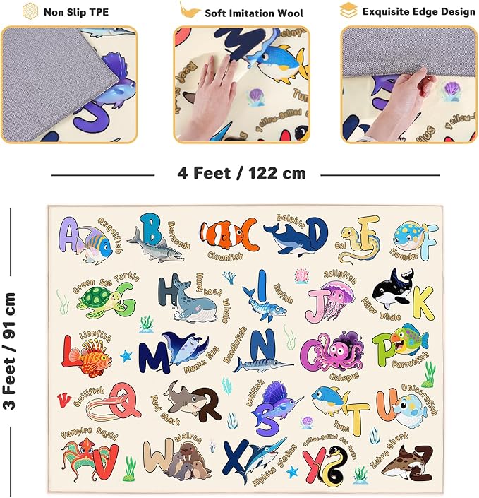 Kids Rugs for Playroom, 3x4 Feet Educational Rug for Learn The ABC Alphabet, Soft Machine Washable Non-Slip Cute Marine Organisms Carpet for Classroom Toddler Nursery Kids Room Decor, Beige