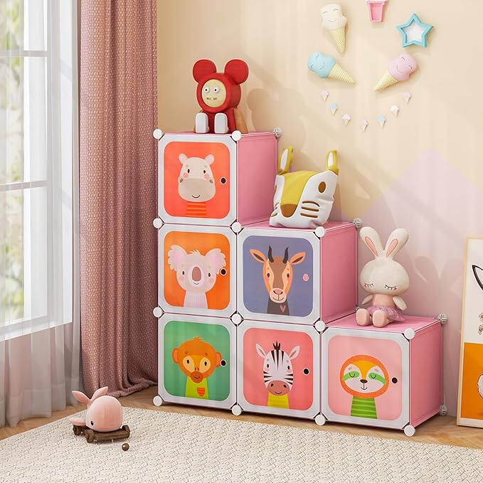 Costzon Kids Closet, Cartoon DIY Modular Dresser Storage Organizer with 8 Cubes & Clothes Hanging Rack, Portable Armoire for Baby Toddlers, Kids Wardrobe for Bedroom Nursery, Pink