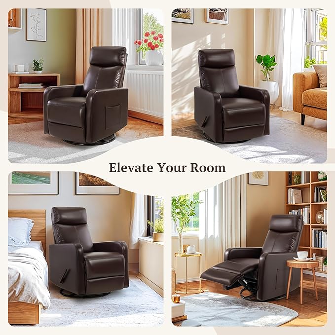 Swivel Rocking Recliner Chair for Small Space, Manual Swivel Glider Recliner for Nursery,RV,Rocking Recliner with Footrest and Side Pocket,Breathable Leather,Dark Brown