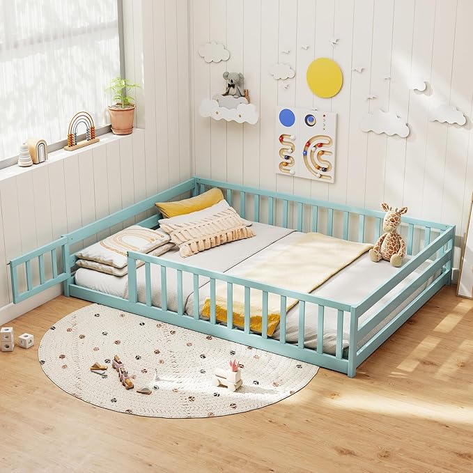 KOMFOTT Full Size Wood Floor Bed with Door & Fence, Montessori Bed Frame with Full Length Safety Guardrails, Door & Latch, Wooden Montessori Floor Bed for Kids, Girls, Boys (Full,Green)
