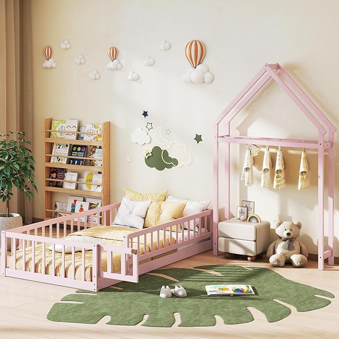 KOMFOTT Twin Size Floor Bed with House-Shaped Headboard, Kids Montessori Floor Bed with Detachable Clothes Hanger, Full Length Safety Guardrails, Door & Latch, Solid Wood Floor Bed Frame