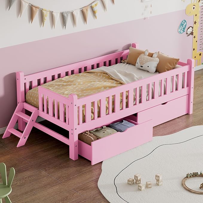 LUMISOL Twin Size Bed Frame with Drawers, Wood Twin Size Platform Bed with Guardrail and Slide Ladder, Twin Bed Frames for Girls Boys Teens, Pink Twin Bed Frame