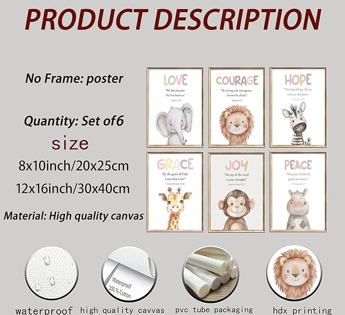 Safari Animal Bible Verse Nursery Wall Art Christian Picture Kids Room Wall Decor Uplifting Scripture Poster Hope Love Joy Jungle Animals Painting Canvas Print Artwork for Baby Room Playroom, Unframed