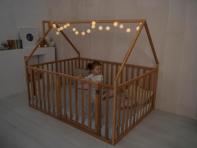 BUSY WOOD Montessori Bed with High Rails for Toddlers - Twin Floor Bed - Full, Queen, King, Small - Wooden Floor Bedframe (Model 21)