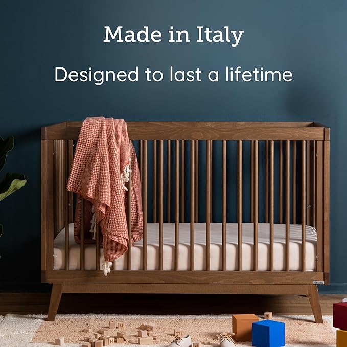 dadada Baby Soho 3 in 1 Convertible Wooden Crib to Toddler Bed - Made in Italy, GREENGUARD Gold Certified, Baby-Safe Finish, Sustainable Beech Wood, Modern Design, 3 Adjustable Heights (Walnut)