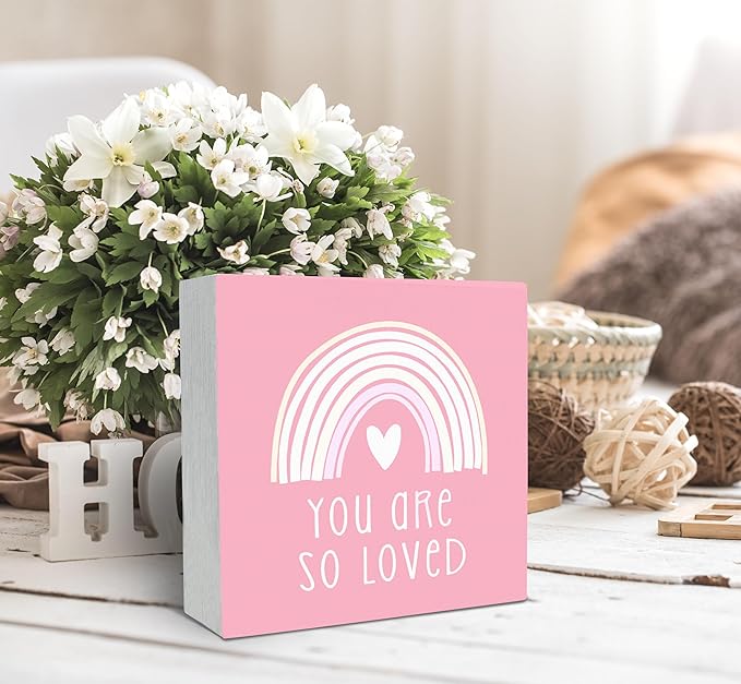 SRADMO You Are So Loved Rainbow Heart Wood Box Sign Desk Decor, Pink Kids Inspirational Quotes Wooden Block Box Sign Decoration for Kids Room Nursery Playroom Shelf Table Decorative Accessories