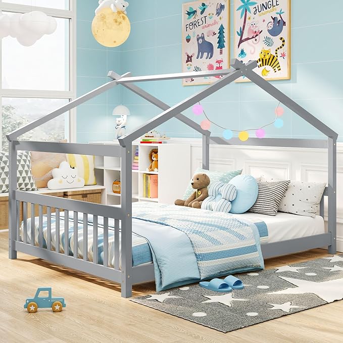 Giantex Full Size Floor Bed, Solid Wood Montessori House Bed with Roof, Headboard and Footboard, Low Full Bed Frame for Kids Teens Girls Boys, No Box Spring Needed, Grey