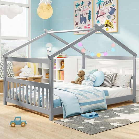 Giantex Full Size Floor Bed, Solid Wood Montessori House Bed with Roof, Headboard and Footboard, Low Full Bed Frame for Kids Teens Girls Boys, No Box Spring Needed, Grey