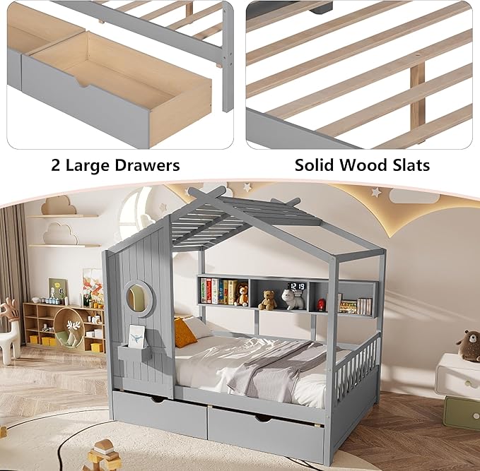 Aoowow Full Size House Bed with Storage Shelves and Drawers, Wood Platform Kids House Bed with Window and Roof for Bedroom, Full Playhouse Bed Frames for Boys Girls, Can be Decorated, Grey
