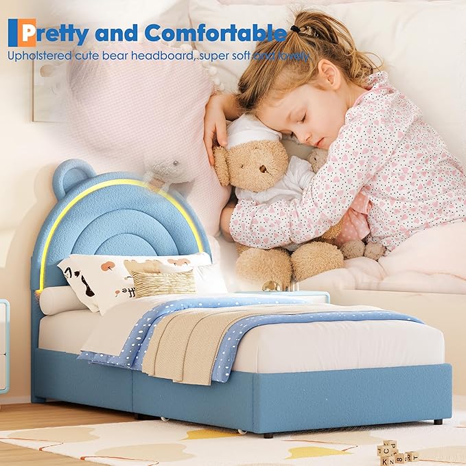 Garvee Twin Size Bed Frame with 4 Storage Drawers & LED Lights, Velvet Upholstered Platform Bed with Rainbow Headboard for Kids/Boys, Solid Wood Slats Support, No Box Spring Needed, Blue