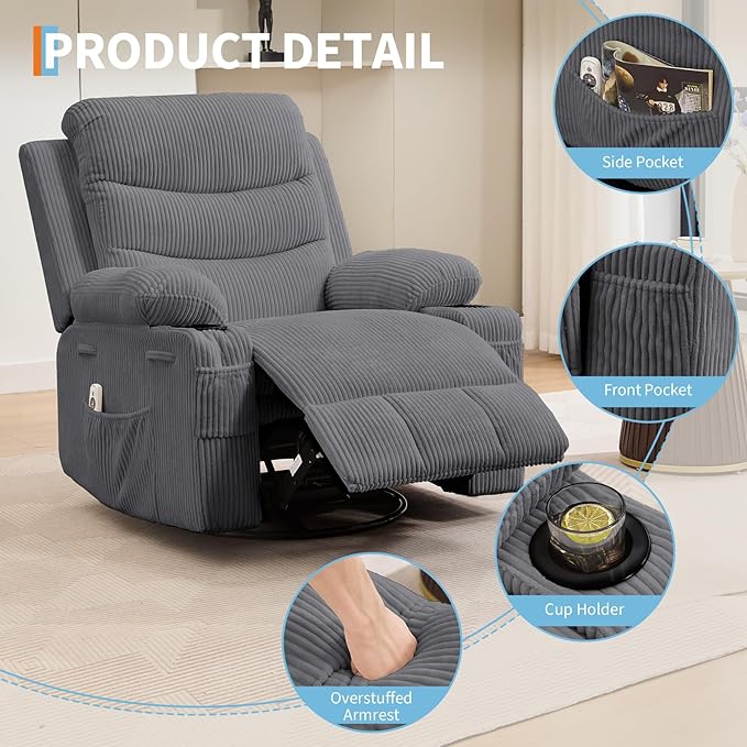 Recliner Chair Nursery, Oversized Manual Reclining Rocking Chair, 360 Swivel Glider with Cup Holder, Massage and Heat Recliner, Indoor Small Single Sofa Chairs for Adults, RV, Bedroom, Corduroy Gray