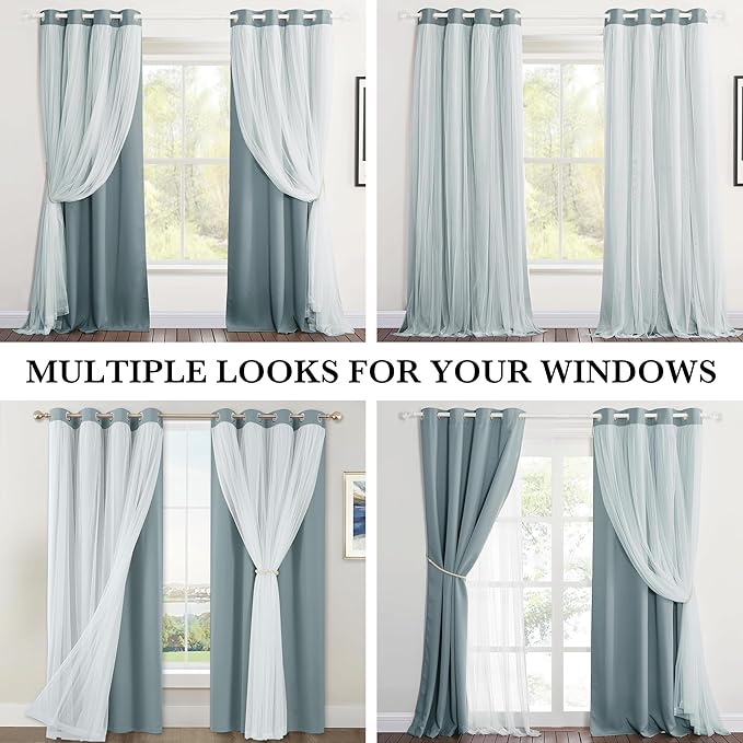 PONY DANCE Blackout Curtains Double Layer Curtains 84 Inches Long with White Sheer Elegance Grommet Window Panels for Girls Kids Room Darkening with Extra Tie-Backs (52x84, Shadow Blue, 2 PCs)